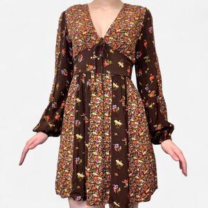 Women's Long Sleeve Brown Floral Mini Dress